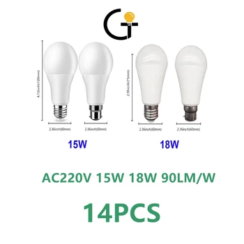 14pcs נורת LED מנורות A60 E27 B22 AC220V-240V 15W 18W צריכת חשמל גבוהה 3000K/4000K/6000K Lampada חיסכון באנרגית מנורה