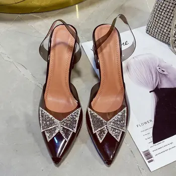 2022 קיץ חדש PVC שקוף סנדלי נשים אופנה Baotou קשת של יהלומים מלאכותיים מילה עם עקבים גבוהים נעלי אישה סנדלים