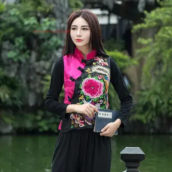 2023 הלאומי פרח רקמה האפוד סינית מסורתית המובילים לנשים ללא שרוולים אפוד נשים וינטאג רופף מעיל סיני טאנג חליפה