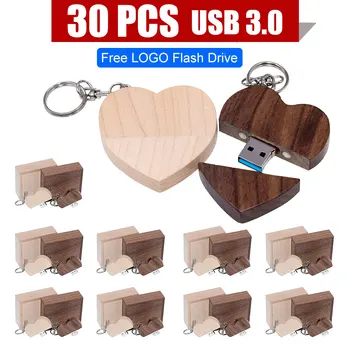 30PCS USB 3.0 עם קופסה מעץ אוהב את הלב מודל כונן הבזק מסוג usb מקל זיכרון 64GB 16GB 32GB 4GB חתונה מתנות חינם סמל מותאם אישית
