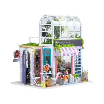 Diy חנות פרחים בית Casa עץ מיניאטורי בניית ערכות בתי בובות עם ריהוט אור בובות צעצוע לנערות מתנת יום הולדת.