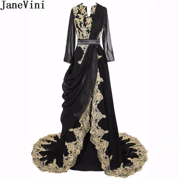 JaneVini ערבית שרוול ארוך לנשים שמלת נשף עם זהב תחרה אלגנטי זמן בורדו, שמלות שושבינה גלימה דובאי פורמאלית שמלות