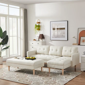 L-צורה דמוי עור ספה פינתית המיטה, מודרני ספה כורסא 3-מושב הספה המודולרית להגדיר עם העות ' מאנית הספסל עבור הסלון.