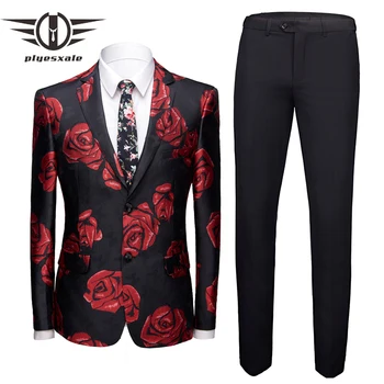 Plyesxale שחור אדום פרחוני החליפה גברים באיכות גבוהה הנשף חליפות לגברים Slim Fit Mens חליפות חתונה האחרון המעיל שאיפה עיצובים Q76