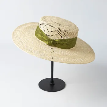 WeMe חומר חדש ארוגים ביד שמש עם כובע רחב סרט קשת-יד חלול קלוע גדול ברים כובע קש