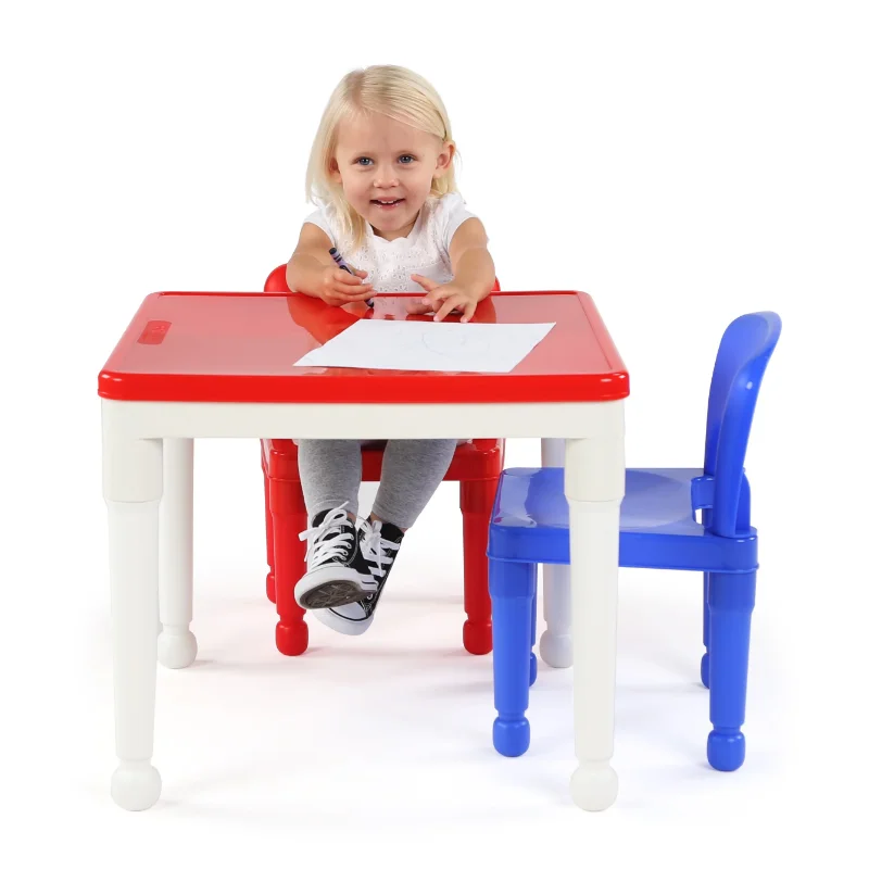 צנוע צוות 2-in-1 פלסטיק ילדים שולחן פעילות & 2 כסאות להגדיר, לבן, אדום וכחול. לימוד שולחן עבור ילדים
