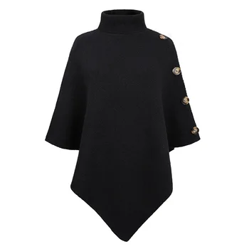 אופנה סתיו חורף כפתור פונצ ' ו נשים סוודר מנופחים צווארוני גולף מגשר סריגים חג הבציר קייפ שרוול גלימה שחורה