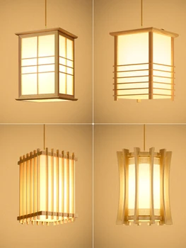 בסגנון יפני גומי עץ מרובע הובילה E27 חוט תלייה מעץ בהיר אורות תליון עבור חדר השינה מסעדת משק תאורה