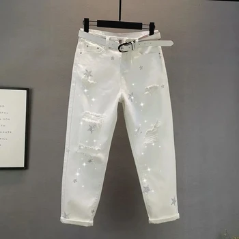 ג 'ינס לבן נקבה אופנת רחוב 2023 האביב החדש משוחרר מזדמן כוכבים חם קידוח חור מכנסי ג' ינס בנות הרמון מכנסיים לובשים רחוב