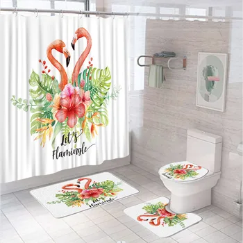 ורוד פלמינגו פרח וילון מקלחת סט עם מכסה האסלה כיסוי החלקה שטיח שטיח האמבטיה טרופי ירוק צמח בד וילון אמבטיה