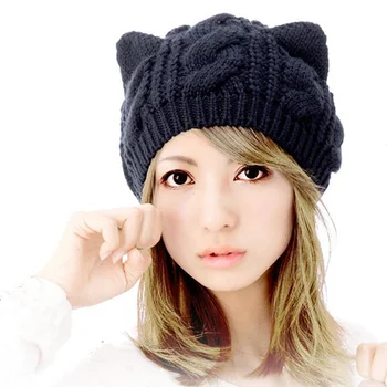 חתול האוזניים כובעי חורף לסרוג כובע חתול כובע סרוג חתול האוזניים ביני כובע חורף חם אביזרים לנשים ליידי כובע סקי