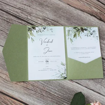 ירוק זית מותאם אישית, הזמנה לחתונה היוצר המדינה אירוסין סיום ברכת יום הולדת פרחוני מוסיף עיצוב 250 גרם נייר 50 יח'