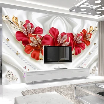 מותאם אישית ציור קיר טפט קיר אמנות 3D בסגנון אירופאי פרח אדום תכשיטי יהלומים בסלון טלוויזיה רקע תפאורה טפט ציורי קיר