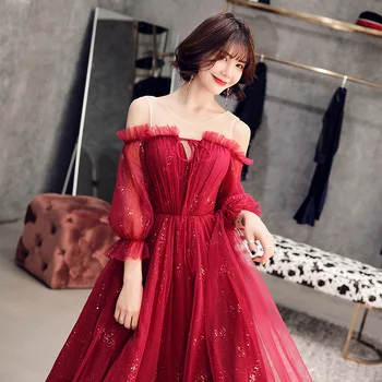 נשים אלגנטי אדום סקסי שמלת ערב נוצצת בלינג כוכבים שמלות רשמי הסירה הצוואר תחרה טול ארוך מסיבת רשת שמלה שחור לבן