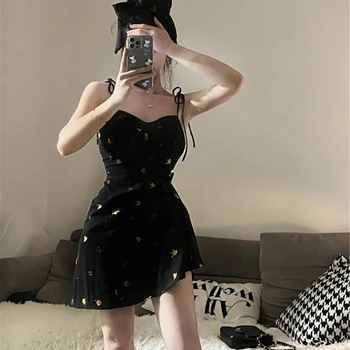 פרחים רצועת קשת שמלה שחורה הקיץ Y2K רטרו מיני אופנה אסתטית מועדון מסיבה סקסית לנשים קו תלבושות התחבושת בציר