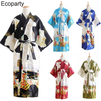 קימונו יפני יאקאטה שמלה לנשים קיץ פרחוני הדפסה סאטן ארוך החלוק הנשי יפן סגנון תחפושות קוספליי מסיבת פיג ' מות חליפה