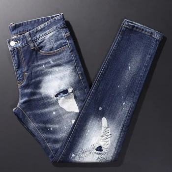 רחוב אופנה גברים ג 'ינס רטרו שטף כחול אלסטי Slim Fit תוקנו קרע ג' ינס גברים צבועים מעצב היפ הופ מותג המכנסיים