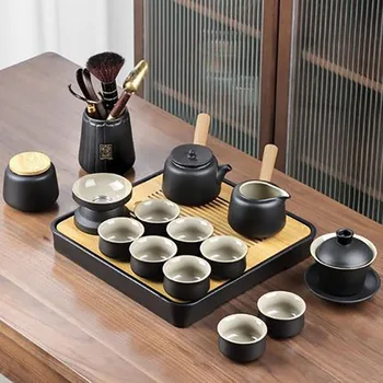 שחור חרס טקס התה שנקבעו קרמיקה קונג פו קומקום להגדיר זן סגנון תה שירות קבע עם תה מקלות, סט מתנה