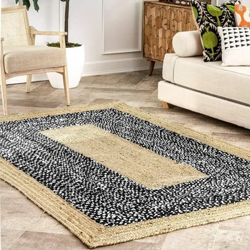 שטיח כותנה, יוטה טבעי שטיח קלוע הפיך מודרני כפרי מראה דקורטיבי אזור מגורים שטיח החלקה, שטיחים בעבודת יד