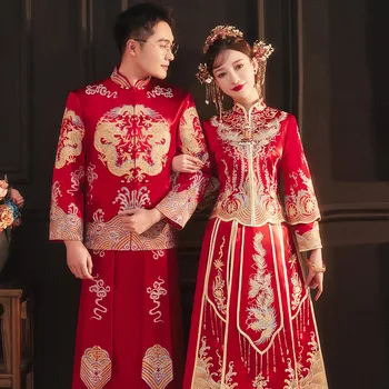 שמלת חתונה זהב רקמה מסורתית סינית בגדים לגברים נשים קלאסי Cheongsam סין צ ' יפאו הגומי для восточных